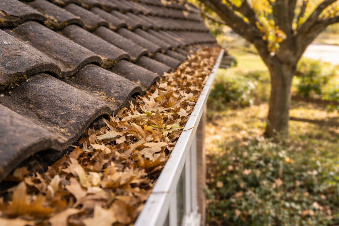 gutter in need of a gutter leaf guard - full with leaves