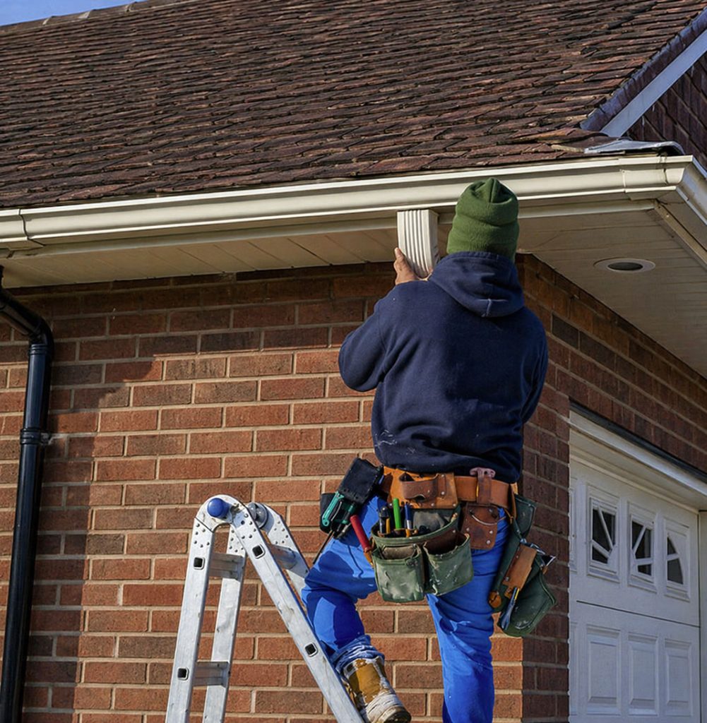 tradesman cleaning and repairing roof guttering