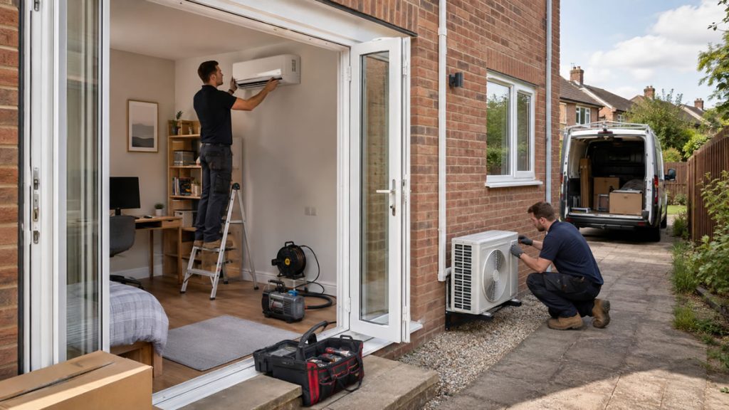 domestic split air-conditioning system being professionally installed