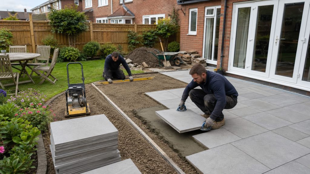 professional patio installation with finished porcelain paving