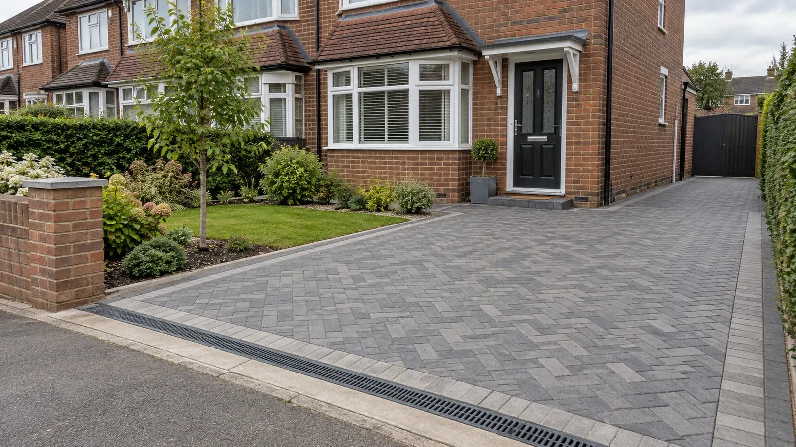 Grey block-paved driveway with neat edging and a planted border outside a British brick house