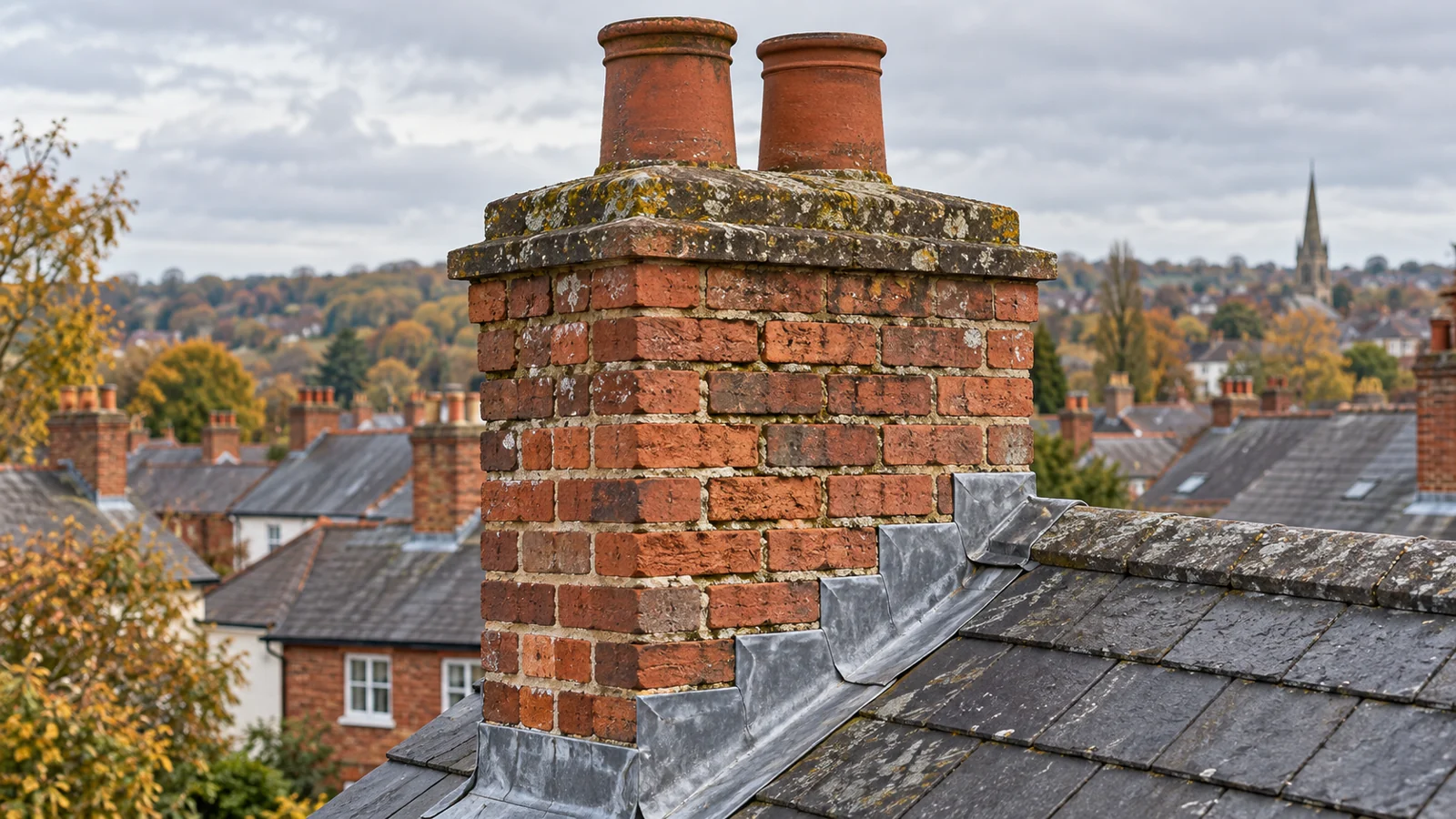 Red brick chimney with two terracotta pots and lead flashing on a British slate roof