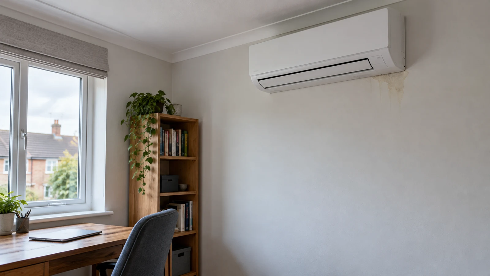 Wall mounted air conditioner above a small water stain in a home office