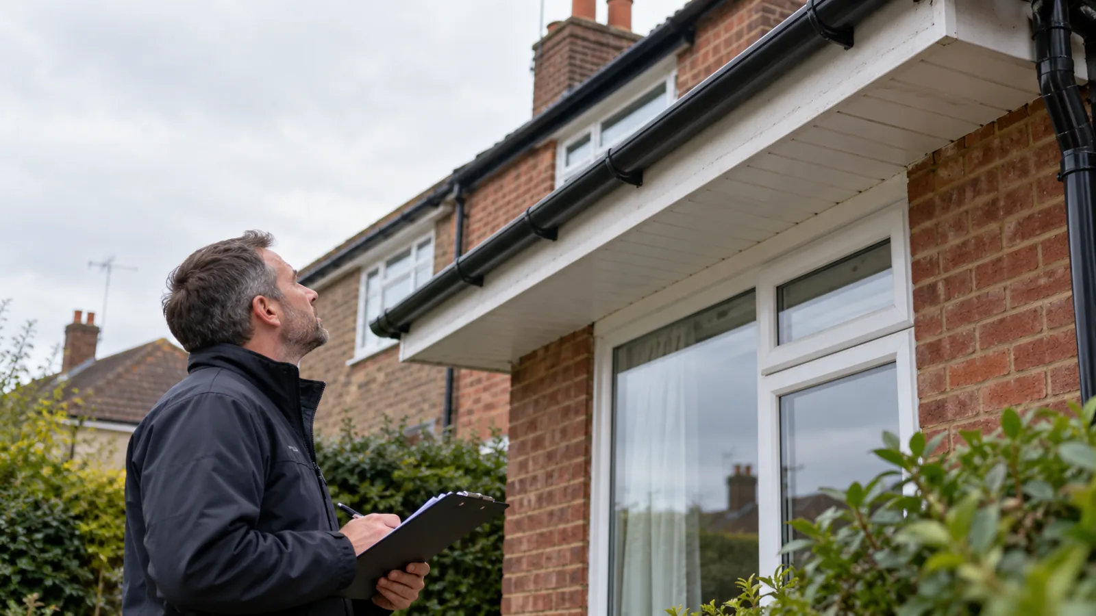 Surveyor looking up at the soffits beneath the eaves of a brick house