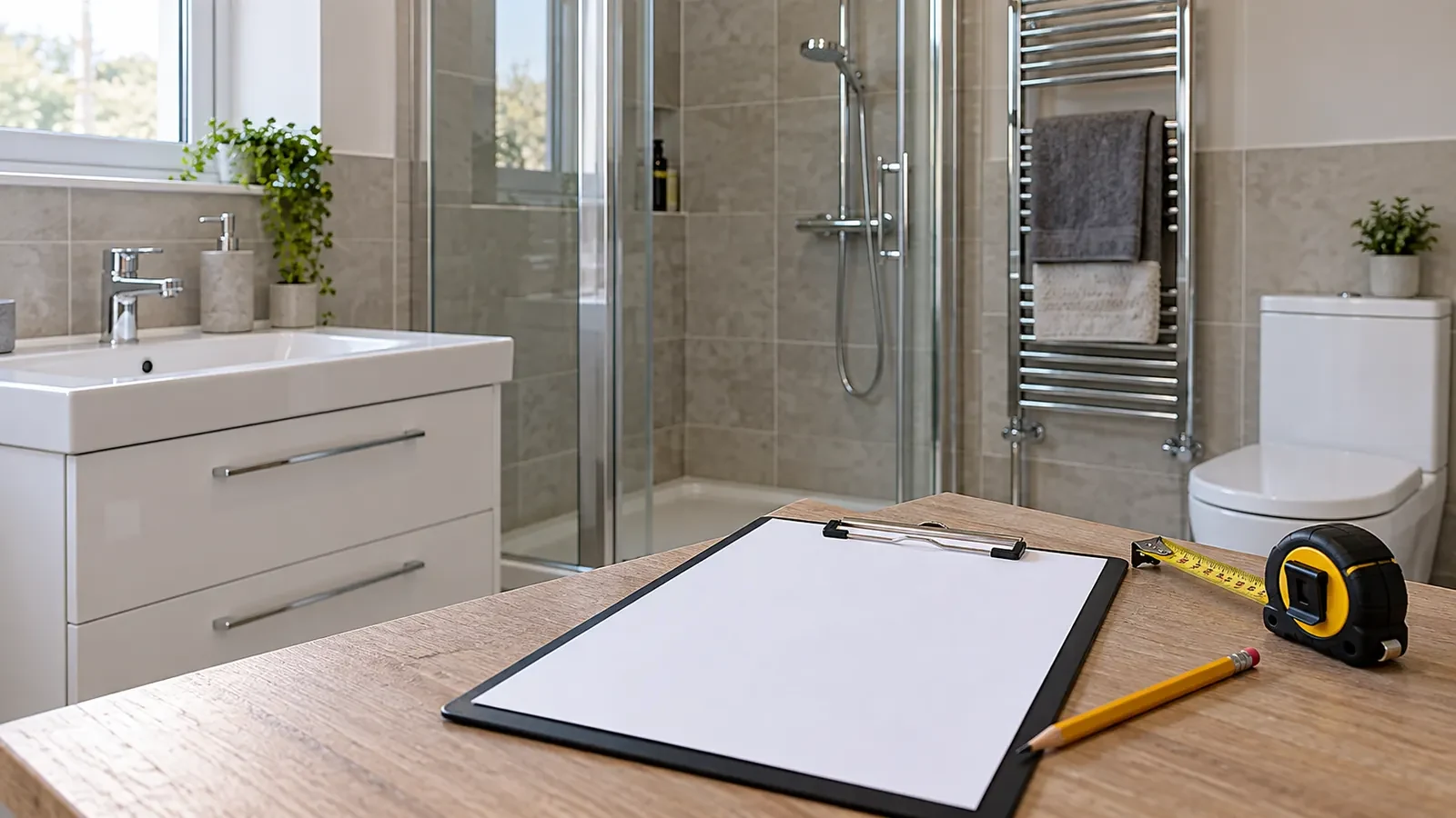 Clipboard and tape measure in a fitted bathroom with basin, shower and toilet