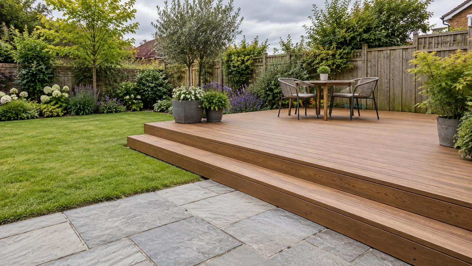Low timber garden deck with a broad step beside grey patio paving and a lawn