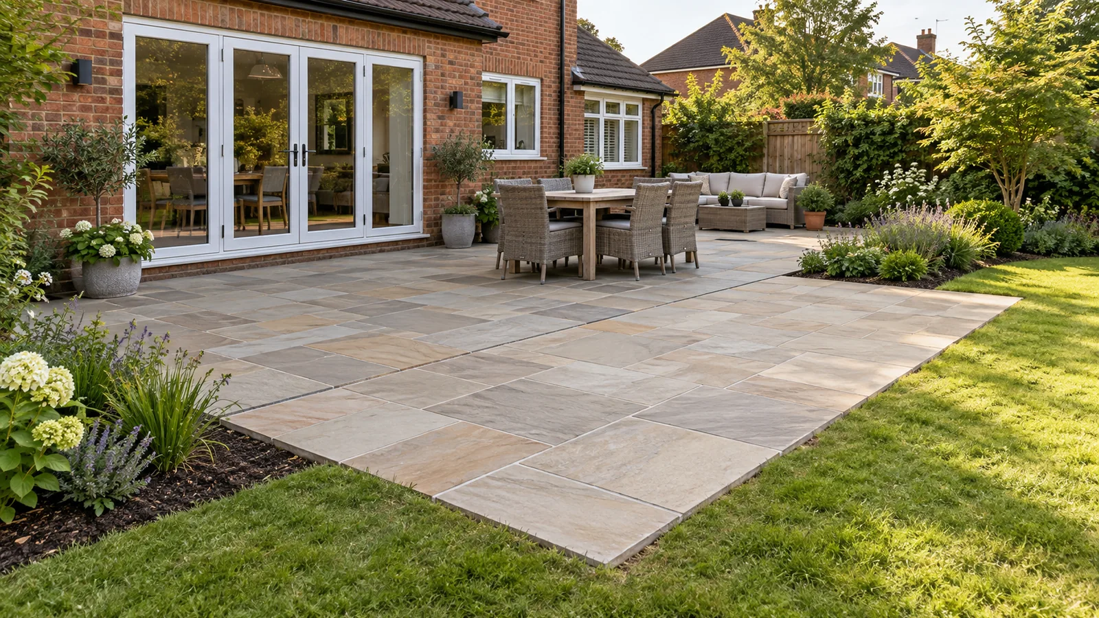Sandstone patio extended into a garden beside a brick house