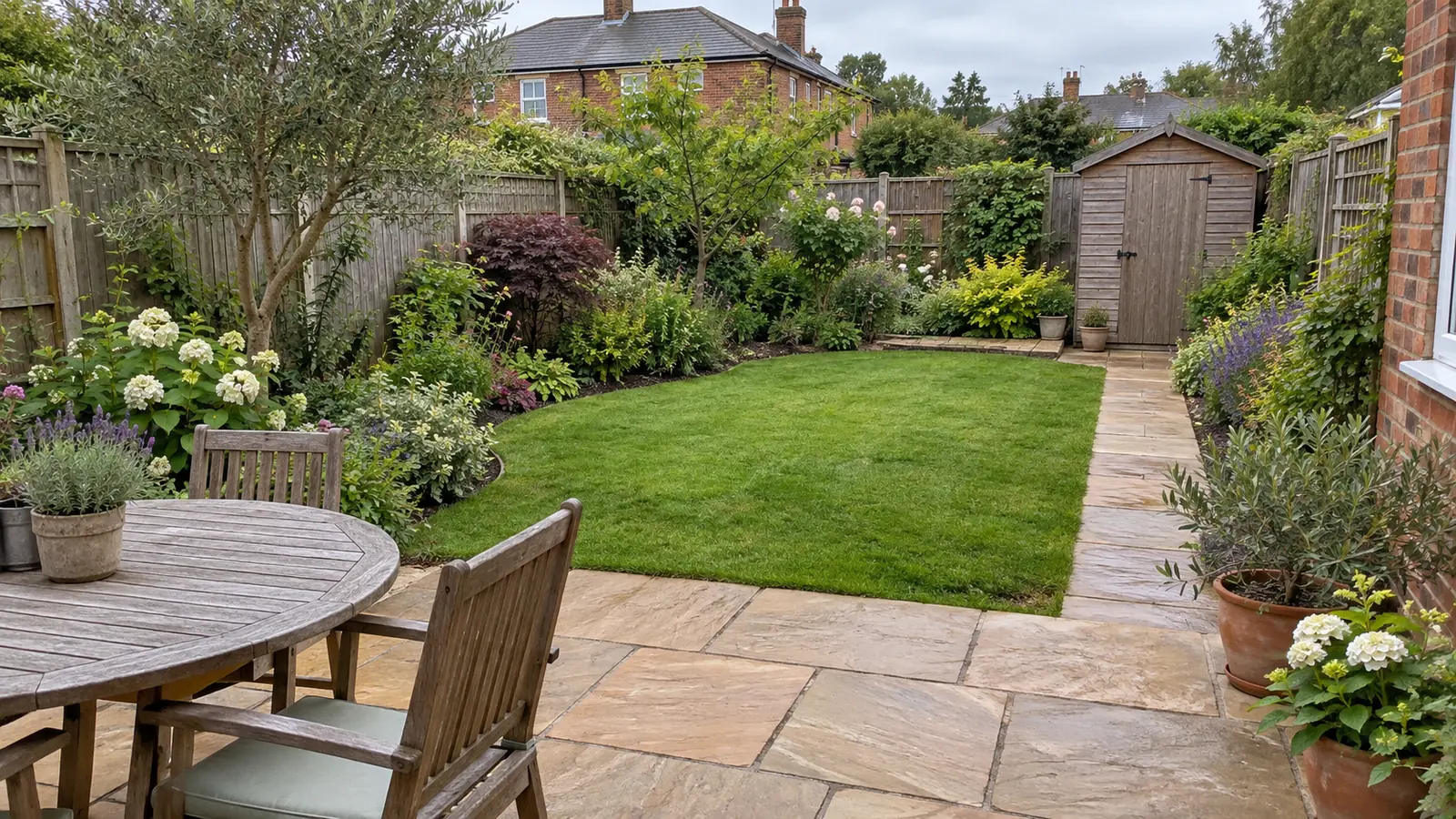 Enclosed back garden with a sandstone patio, lawn, planted borders and path to a timber shed