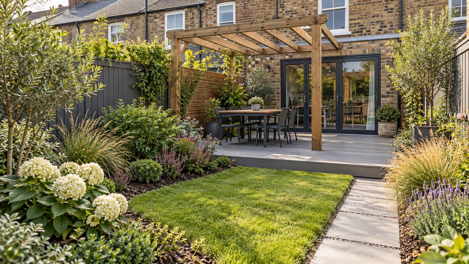 British back garden with a grey deck, timber pergola, small lawn and planted borders
