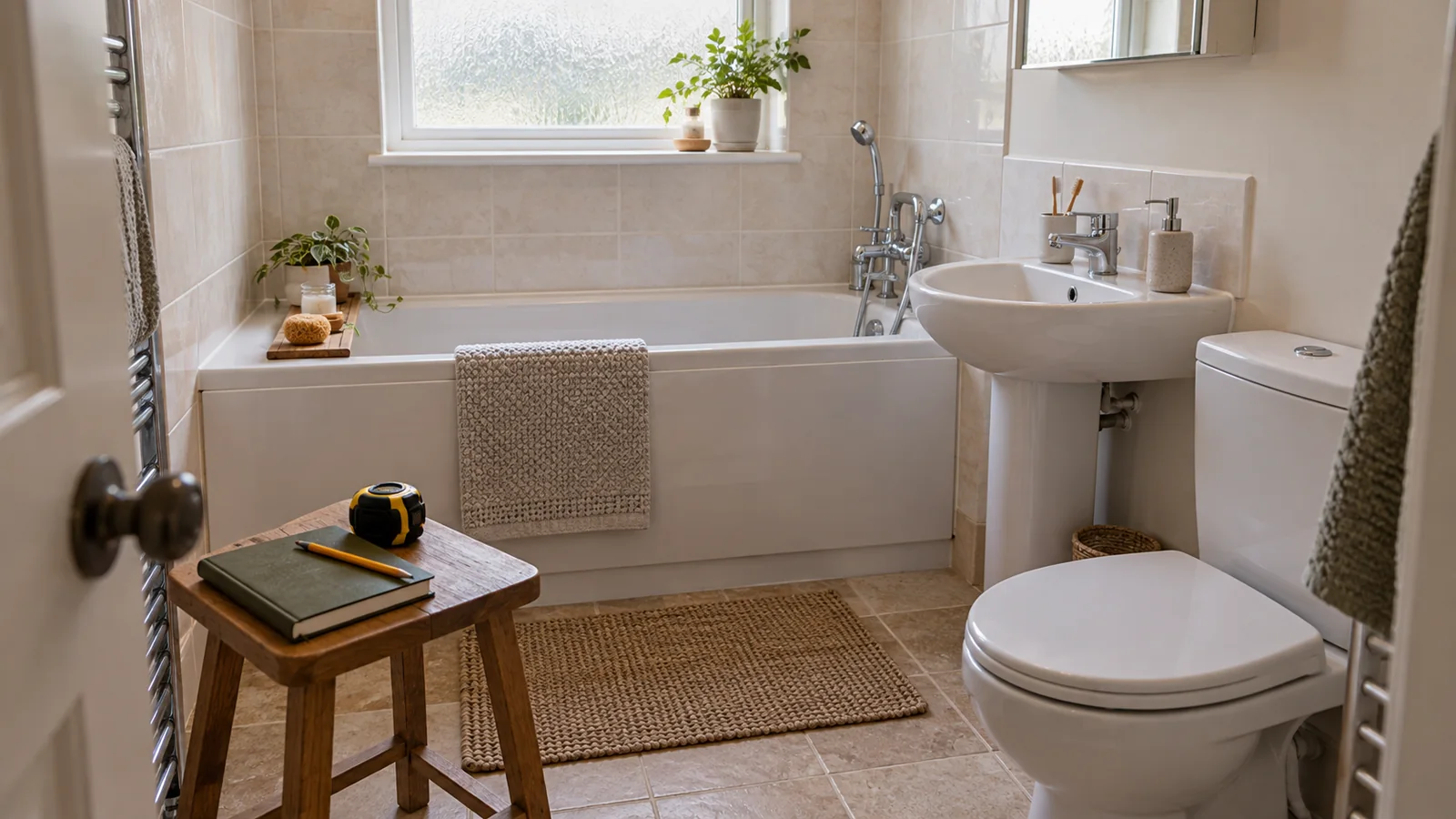 Compact bathroom with bath, basin and toilet, with a notebook and tape measure on a stool