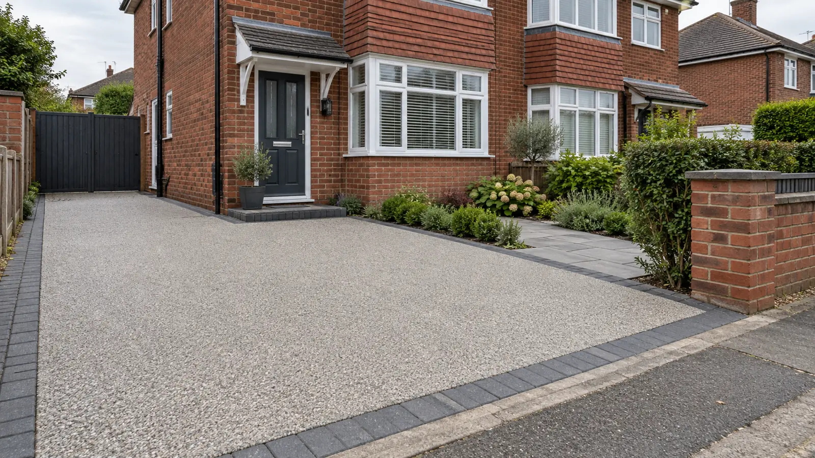 Grey resin bound driveway beside a paved footpath leading to a British brick house